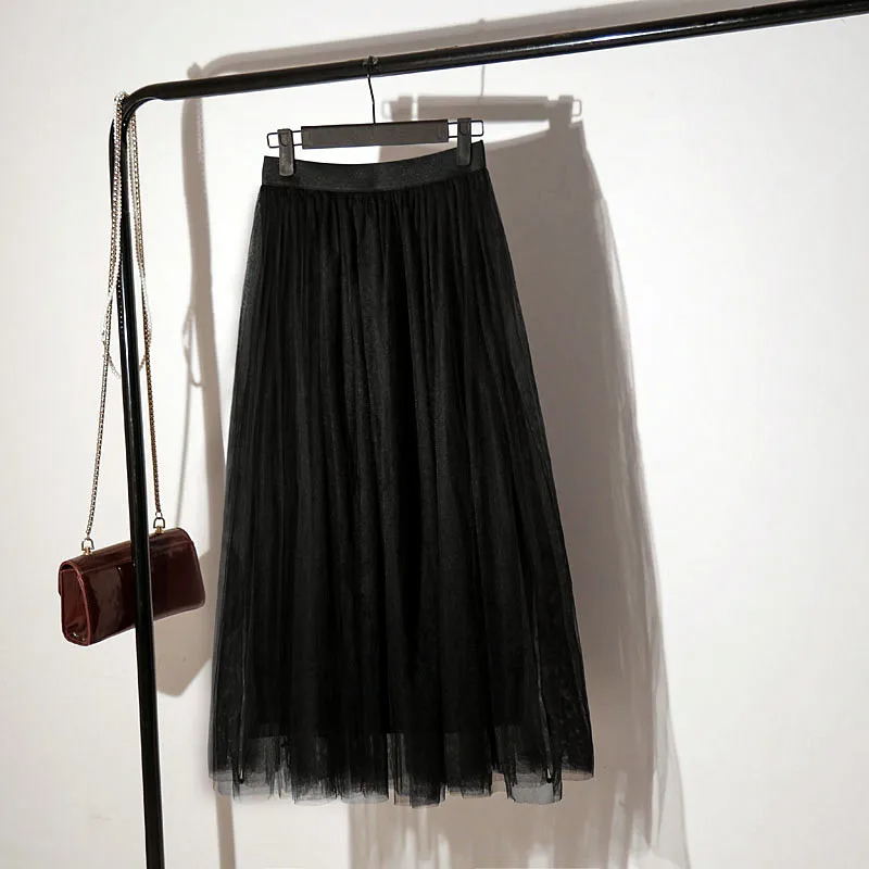 Женские тюлевые юбки модные эластичные с высокой талией сетчатые пачки Однотонная юбка гофрированные длинные юбки Корейская версия миди юбка