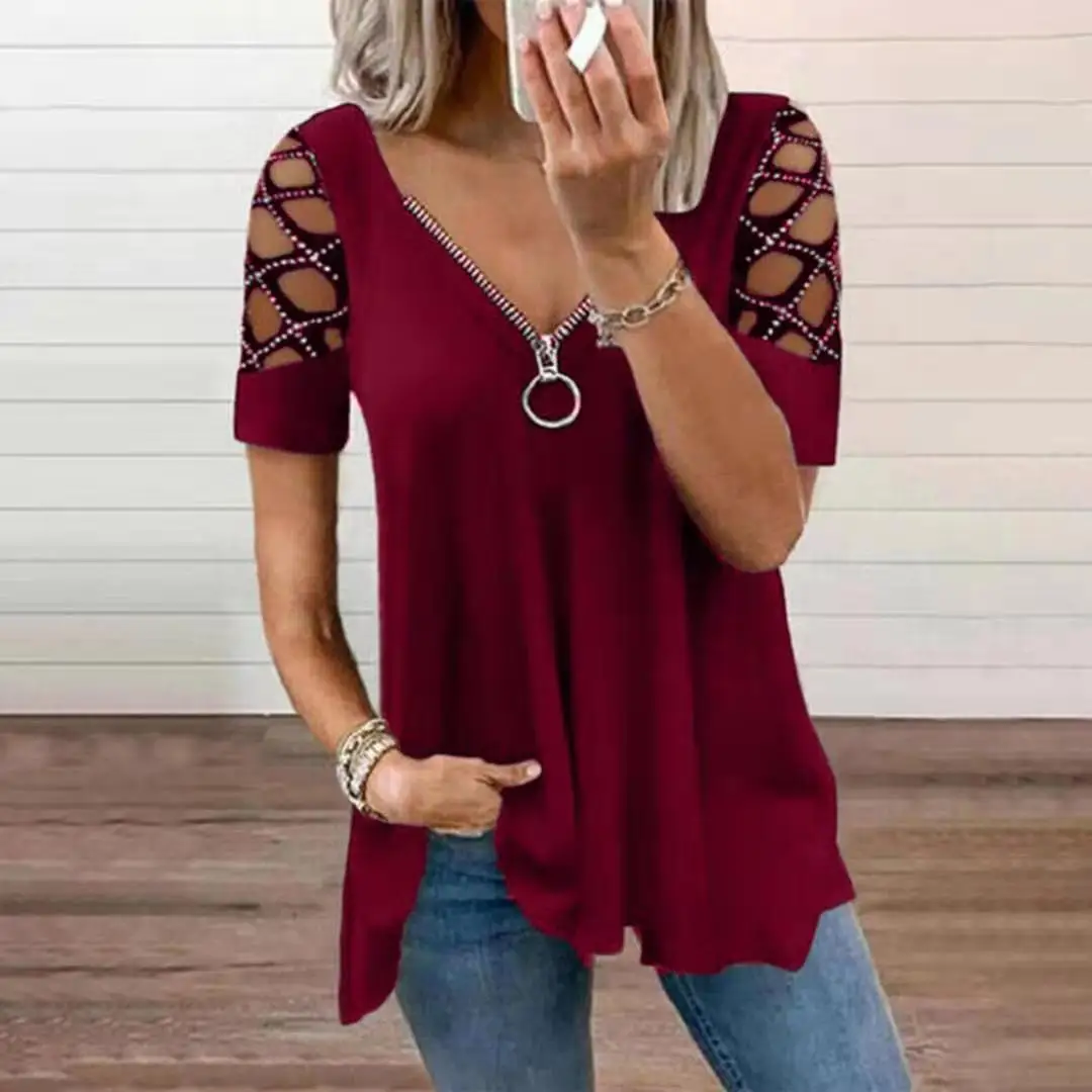 Summer Women V Neck Solid Color Hot Drilling Top Casual Loose Sexy Hollow Out Zipper Plus Size Short Sleeve Pullover Tshirt Tops sport t shirt