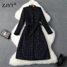 High Quality Runway Designers Luxury Beading Tweed Woolen Jackets and Coats Autumn Winter Long Overcoat Wool Blends Outerwear