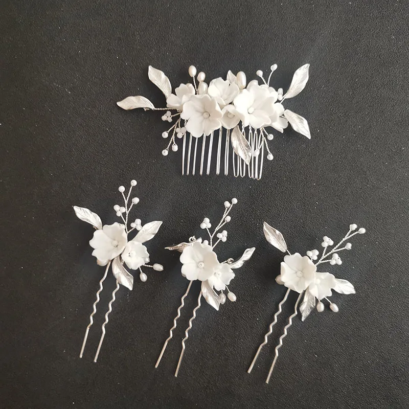 SLBRIDAL Handmade Freshwater Pearls Ceram Flower Bridal Hair Comb Hair Pin Set Wedding Headpieces Women Jewelry Hair Accessories