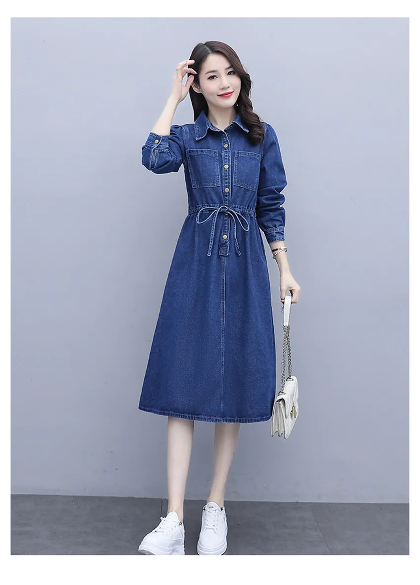 אופנה ג 'ינס שמלות אביב סתיו מקרית ארוך חולצת ג' ינס שמלת נשים ארוך שרוול כפתור Midi עגל שמלות בציר Vestidos