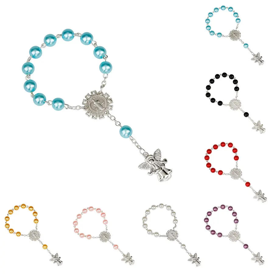 

Silver Color Catholic Holy Communion Rosary Bracelet Angel Pendants Finger Rosaries Kids Religious Jewelry Gift