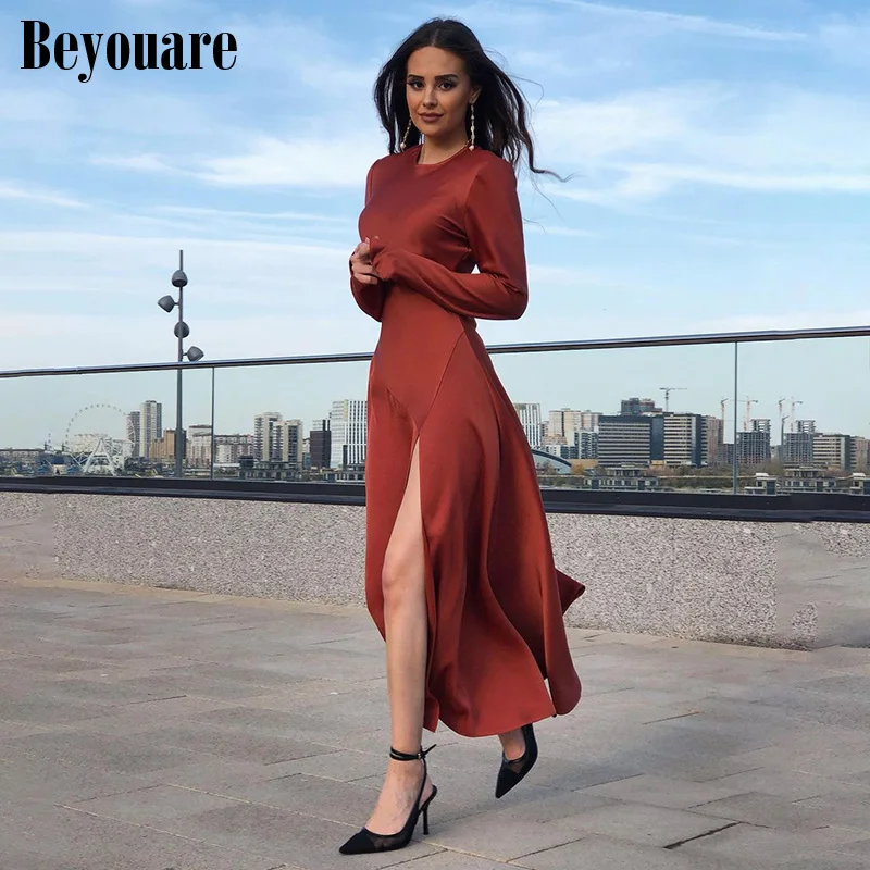

Beyouare Autumn Sexy Elegant Satin Women's Dress Stand Neck Long Sleeve Loose Ankle-Length Dress 2020 Solid Legs Split Dresses