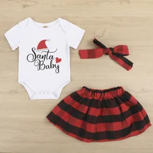 Рождественский хлопковый боди с короткими рукавами для новорожденных девочек; красная клетчатая юбка; повязка на голову; комплект из 3 предметов; Рождественский комплект одежды