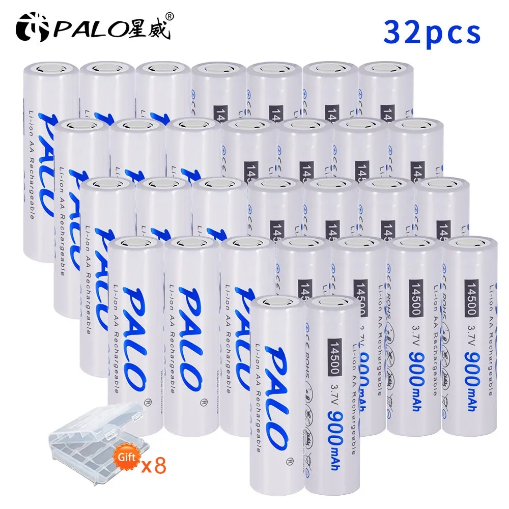 32pcs PALO 14500 батарея 900mAh 3,7 V литий-ионная аккумуляторная батарея AA батарея литиевая батарея для светодиодных фонарей Налобные фонарики игрушки верхняя голова - Цвет: 32pcs