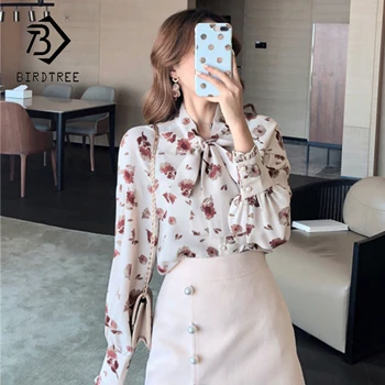 

2020 Spring Elegant Printed Chiffon Long Sleeve Bow Neck Shirt Women Casual Blouse Top Korean T9D020M
