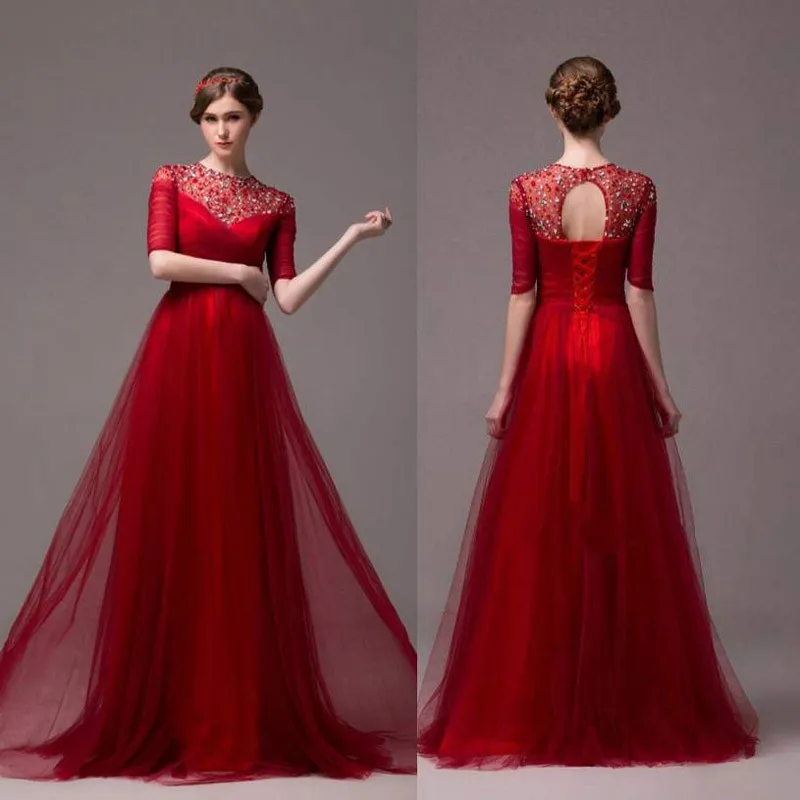 Sarahbridal Elegante Lange Rode Trouwjurken Luxe Kristal Kralen Sexy Sheer Hals Vintage Trouwjurken Met Mouwen 2015 Sarahbridal Elegante Lange Rode Trouwjurken Luxe Kristal Kralen Sexy Sheer Hals Vintage Trouwjurken Met Mouwen 2015