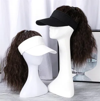 

Hat with Hair Wig Summer Synthetic Wave Ponytail Wig Caps with Adjustable Straps Women Summer Sun Visor Hat Baseball Cap Wig