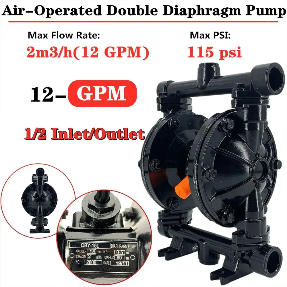 

2m3/h 115PSI Outlet Air-Operated Double Diaphragm Pump 1/2" Inlet & 12GPM Outlet Petroleum Fluids,US Stock
