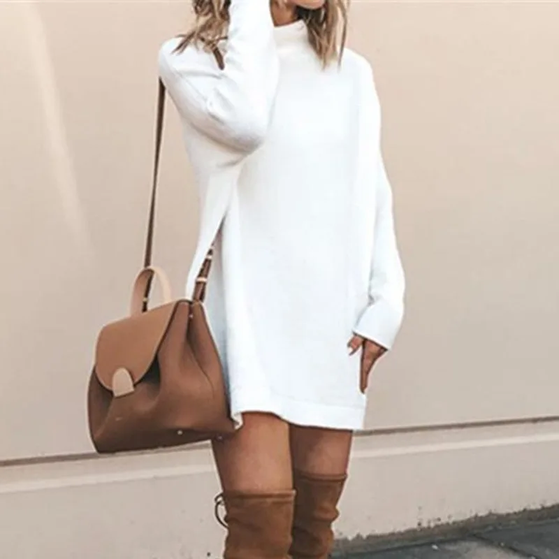 

Long Knitted Sweaters for Women 2020 High Collar Mini Solid Sweater Dress Oversize Female Loose Thick Warm Pullovers and Jumper