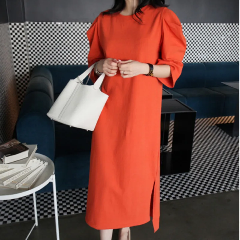 LANMREM Spring New Casual Fashion Temperament Women Loose Plus Solid Color Split Round Neck Sleeve Dress TC655