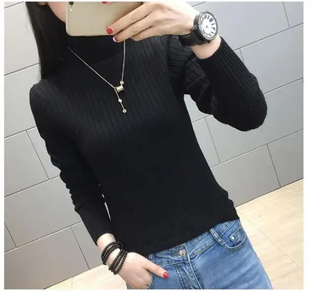 black no velvet Новинка, Осень-зима, Женский Повседневный тонкий бархатный ВЯЗАННЫЙ ПУЛОВЕР, свитер, женский свитер с высоким воротом, свитер с флисовой подкладкой, джемпер X47 - Цвет: black no velvet