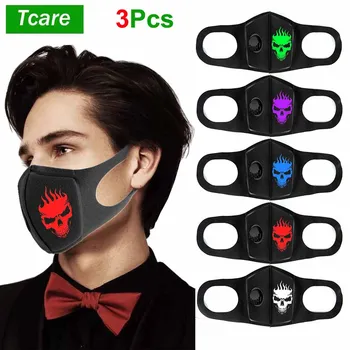 

3Pcs/Lot Black Sponge Face Mouth Masks with Breathing Valve, Washable Reusable Flame Skull Pattern Face Cover for Dust Pollen