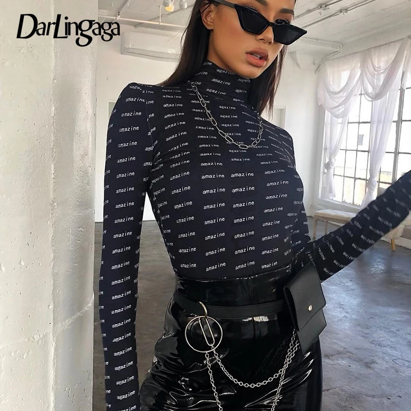 Darlingaga Autumn Winter Turtleneck Bodysuit Women Long Sleeve Body Bodycon Jumpsuit Fashion Letter Bodysuits Streetwear Rompers