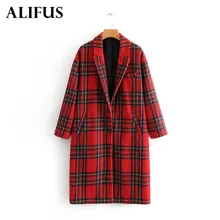 Модное женское осеннее шерстяное пальто Za, Ретро стиль, красное, в клетку, длинное, шерстяное, однобортное, женское, с широкой талией, шерстяное пальто, куртка, парка