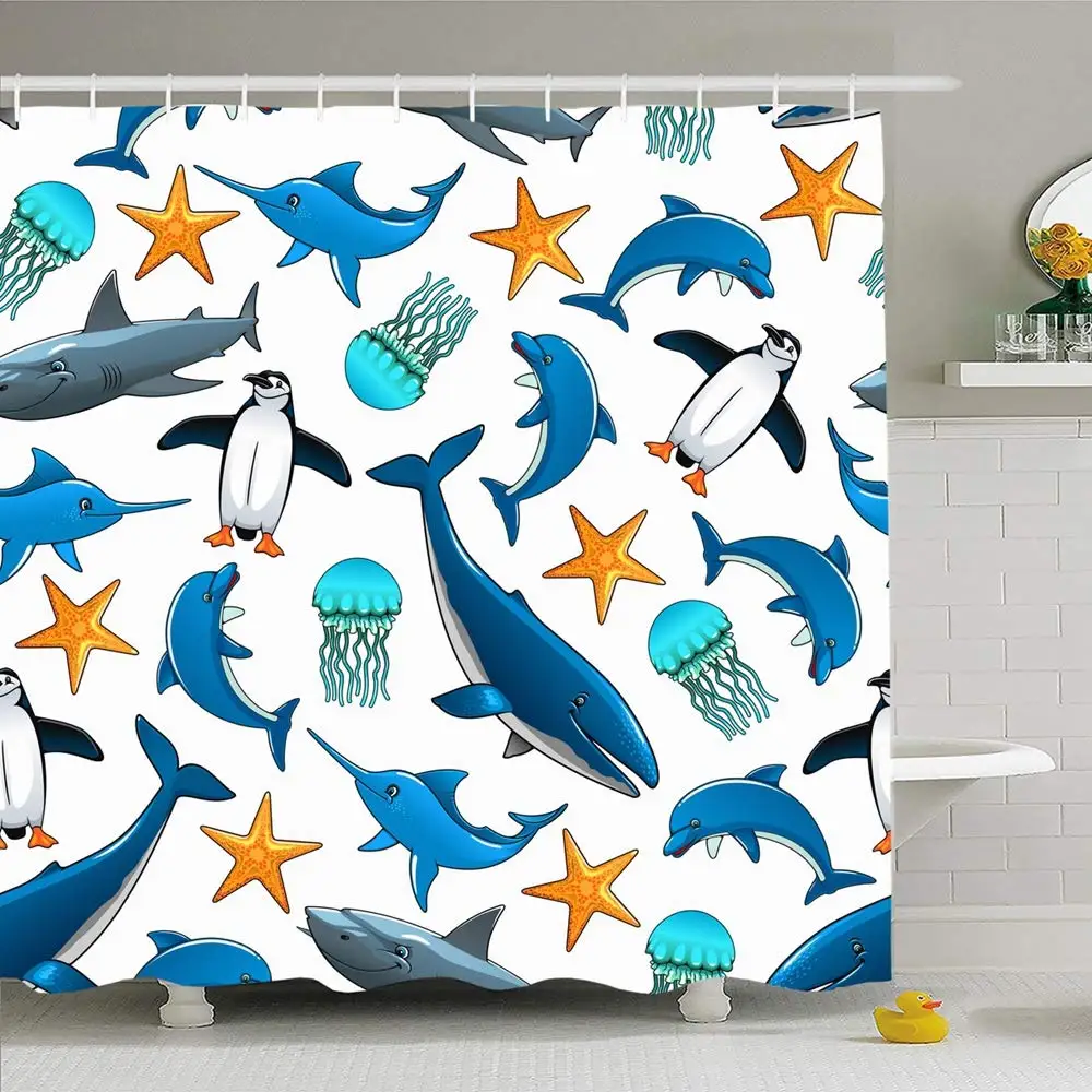 

Shower Curtain Set with Hooks 72x72 Tile Swordfish Ocean Animals Bedroom Water Fun Wildlife Fish Textures Kid Decoration Dolphin