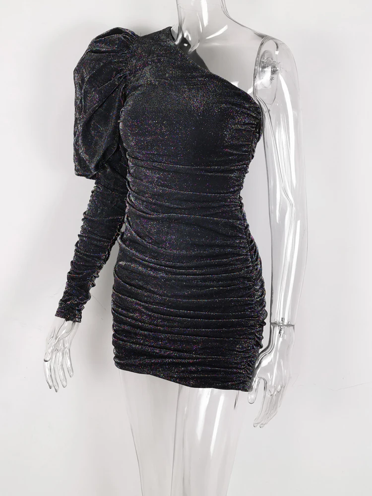 JillPeri, женское модное мини-платье с большим пышным рукавом на одно плечо, блестящая галактика, модная верхняя одежда с рюшами, Сексуальные вечерние платья знаменитостей