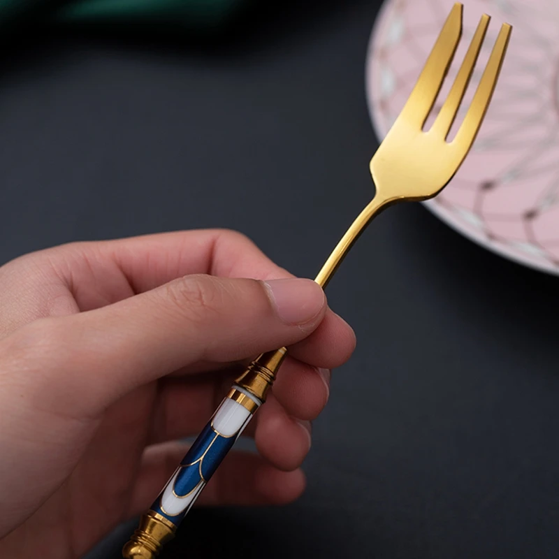 Vintage Stainless Steel Golden Cake Fork Dessert Fruit Fork Ceramic Long Handle for Pastry in Party Snail Forks Tab Fruit Fork Food Picks