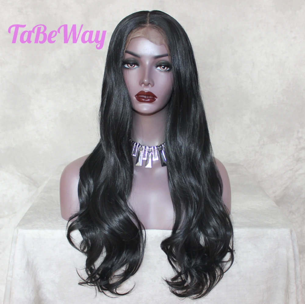 TaBeWay 13x6 черных масок Синтетические волосы на кружеве парик длинные волнистые волосы, для придания объема жаропрочный, синтетический Синтетические волосы на кружеве парики для чернокожих Для женщин