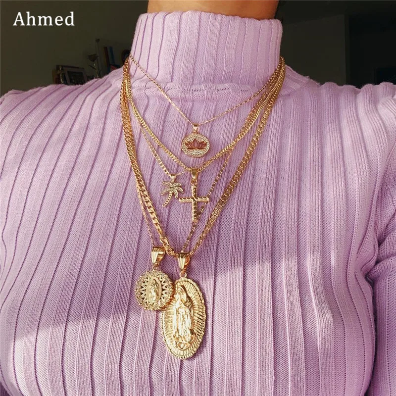 Золотое многослойное ожерелье Ahmed стимпанк для женщин модное с лотосом крестом