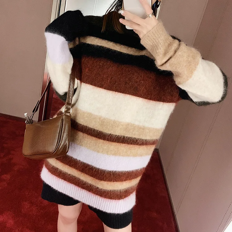 

Women Sweater 2019 Mohair Wool Color Matching Rainbow Striped Round Neck Pullover Loose Long Sweater
