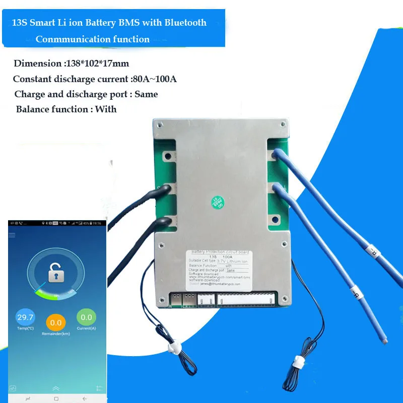 

13S 48V Smart Bluetooth BMS for 54.6V Battery with 100A constant charge and discharge current for electric motorcycle PCB