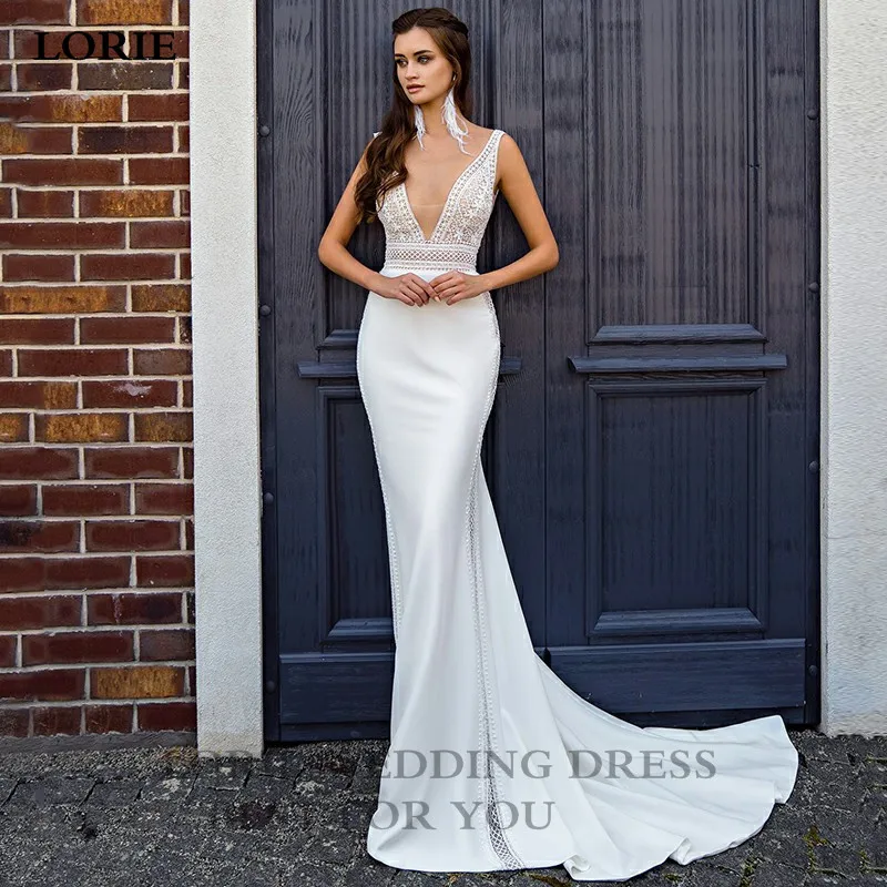 

LORIE Mermaid Wedding Dress Sexy V N eck Lace Boho Bridal Gown Backless Soft Satin Wedding Gowns 2022