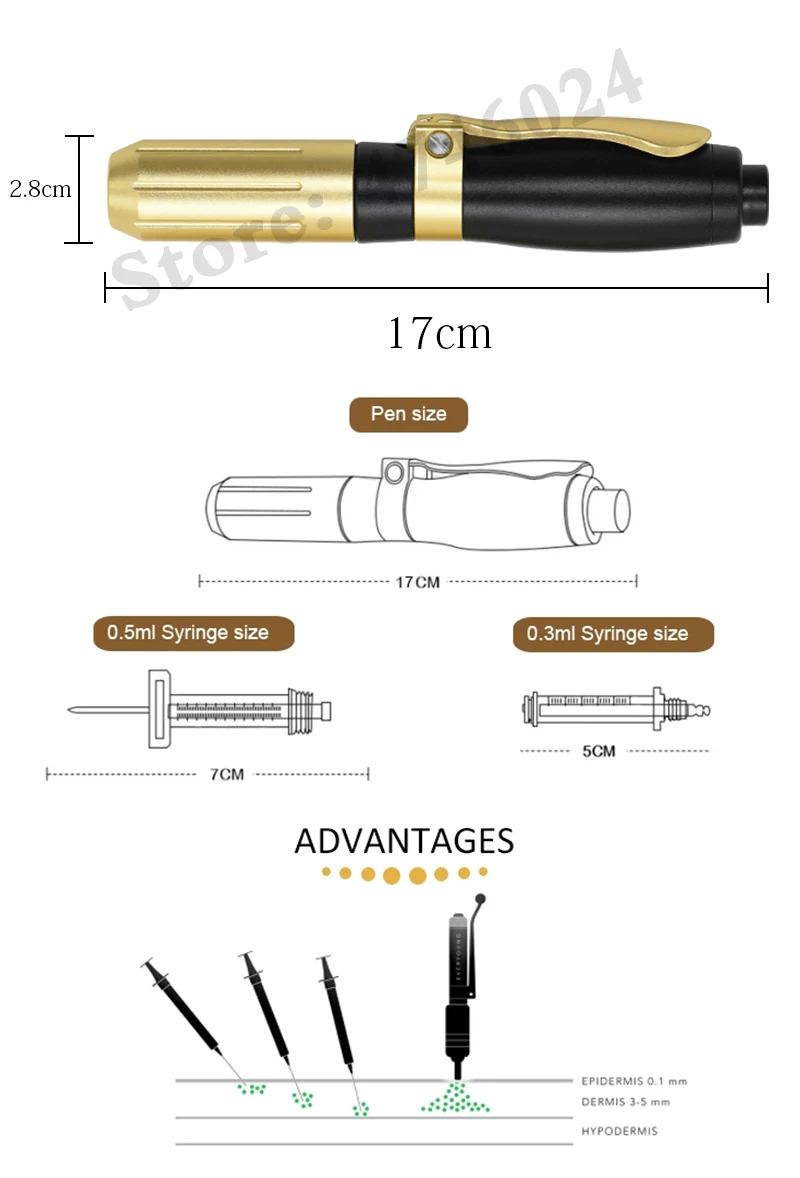 Губ мезо инъекции пистолет гиалурон ручка 0,3 мл/0,5 мл головка золото гиалуроник кислота ручка губы наполнитель инъекции неинвазивной небулайзер ручка