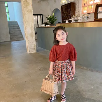 

2020 Korea Style Girls 2 PCS Plaid Set Lace Blouse+Skirt Summer Kids Girls Suits 2-7Years