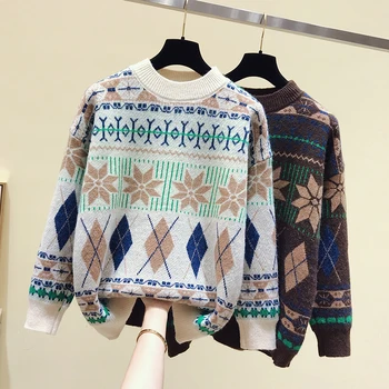 

Couples Christmas Sweaters Autumn Winter Vintage Ethnic Rhombus Geometric Pattern Loose Pullovers Sweater Knitted Jumpers Ladies