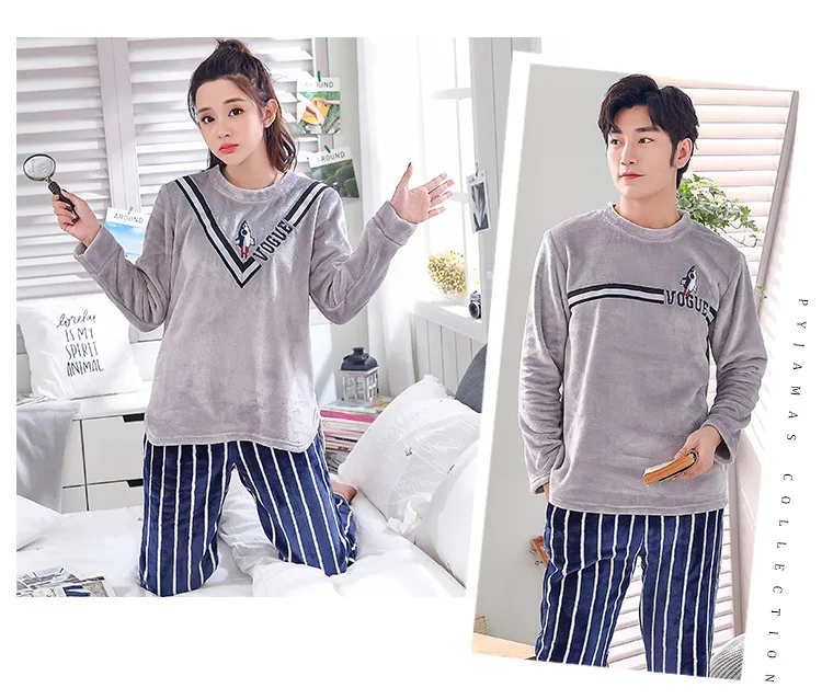 С длинными рукавами корейские мужские и женские коралловые шерстяные можно носить вне дома новые осенние/зимние фланелевые пары пижамы