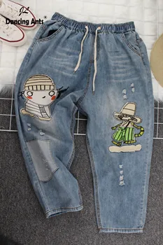 

2020 Plus Size Jeans Women Cartoon Embroidery Harem Pants Loose Trousers Ripped Female Boyfriend Jeans Mujer Hole Woman pant