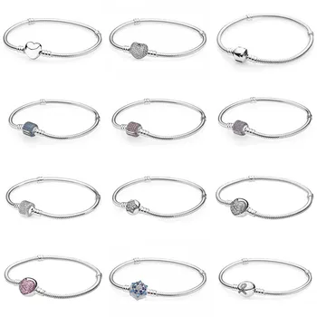 

Heart Love Brooch Snake Chain Classic Original Authentic 925 Sterling Silver Bracelets Women DIY Charm Jewelry Christmas Gift