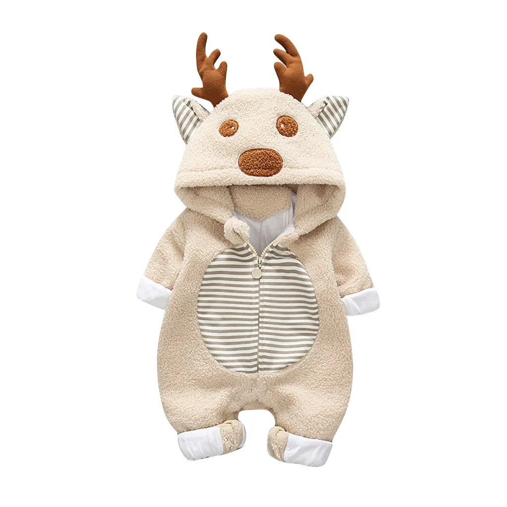 Hooded Baby Rompers New Born Baby Clothes Newborn Fleece Cartoon Winter Coat Warm Jumpsuit Christmas Coat Antlers Outwear Wy4 - Цвет: Хаки