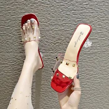 

Clear Transparent Crystal Ladies Shoes 2020 New Summer Slippers Female Slides Rivet Spike High Heels Women Shoes Woman Mules
