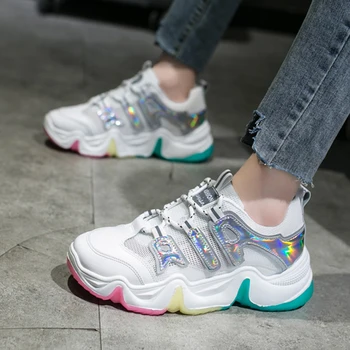 

Women Sneakers Platform Bling Patchwork Fashion Ladies Jelly Shoes Reflective Rainbow Rubber White Multi Casual Summer Loafers