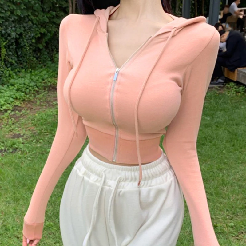 Tight Sexy Zipper Grey Hoodies Short Long Sleeve Hooded Pink Sweatshirt Women Casual All-match Black Cardigan Thin Cotton Coat | Женская