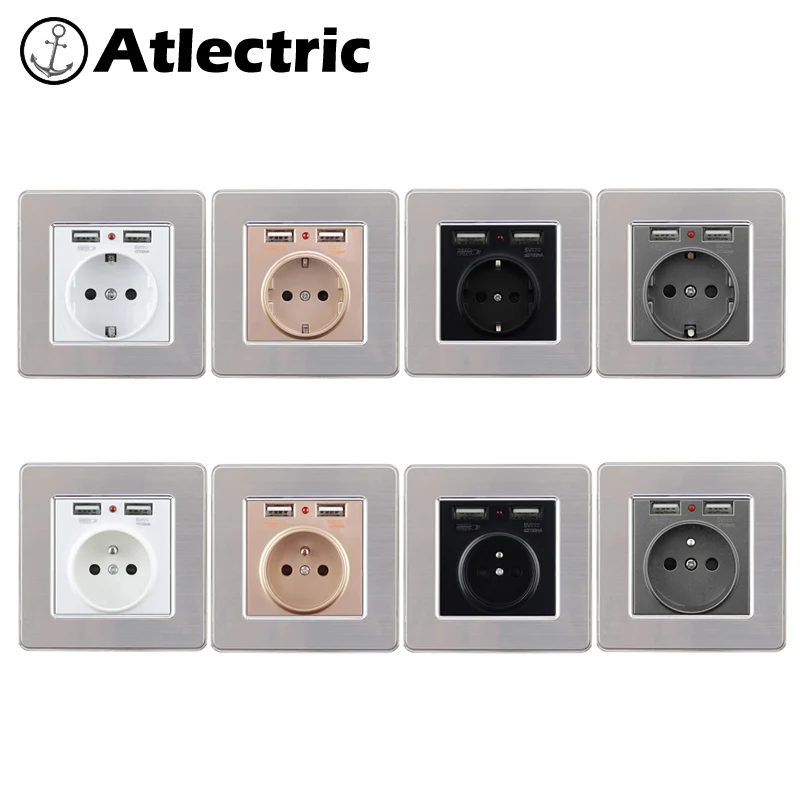 Atlectric Роскошная панель из нержавеющей стали черная розетка 16A стандарт ЕС, двойной USB порт зарядного устройства 2100mA, подходит для мобильного телефона,переходник usb,розетка с usb,розетки,socket