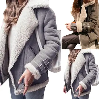 

Women's Bomber Jacket Winter Thicken Lapel Bomber Jacket Women Loose Buckle Straps Long Sleeve Turn-down Collar Outwear płaszcz