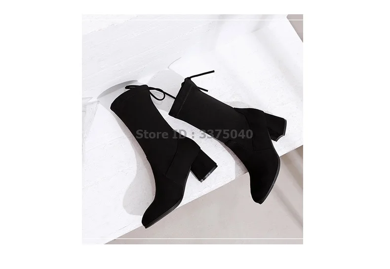 2021 Winter Bandage Black Short Boots Thick Heel Elastic Boots Ladies