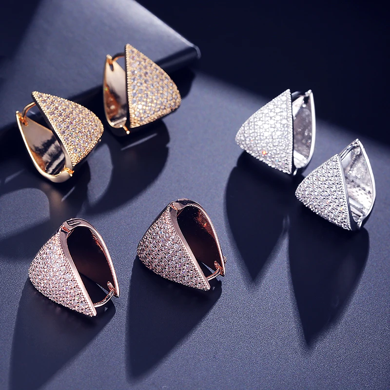 

Trendy White/ Rose/18K Gold Plated Hoop Earrings Micro Inlay Crystal Zircon Earring Women Triangle Jewelry Aretes JMEP600