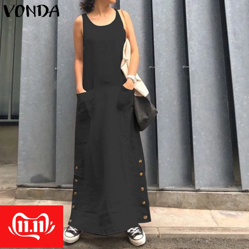 Meilleur VONDA Sexy solide Robe Maxi Club O cou sans manches longues robes femmes fête Robe Femme décontracté ample Sundress 2019 bohème 5XL