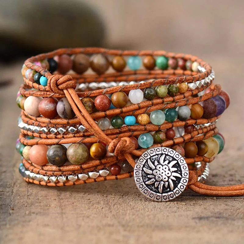 Leather Wrap Bracelets Dropshipping Women Graduated Natural Stones Silver Color Beads Multilayers Bracelets Wholesale - Image 2