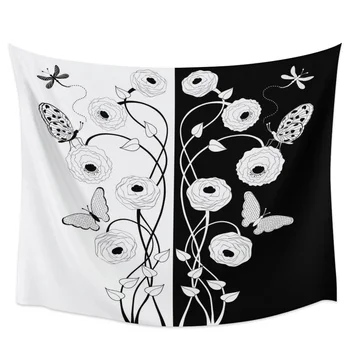 

Flower Butterfly Leaf Dragonfly Black And White Wall Tapestry Cover Beach Towel Picnic Yoga Mat Home Decoration