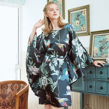 

Loose Bathrobe Gown Silky Lady Sleepwear Homewear Nightgown Satin Print Flower Home Clothes Sexy Nightwear Homedress Kimono Robe