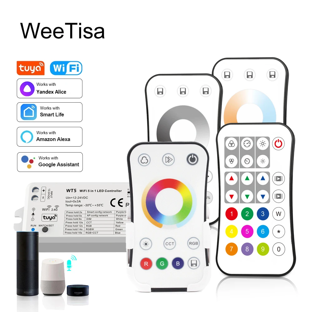 tuya led controller 5 in 1 dimmer cct rgb rgbw rgbww rgbcct strip smart life wifi rf wireless remote controller 12v 24v v5 l wt Tuya LED Strip Controller RGBCCT RGBW RGB CCT Single Color Dimmer 12V 24V 2.4G Smart Wifi RF Remote Alexa Voice Light Controler