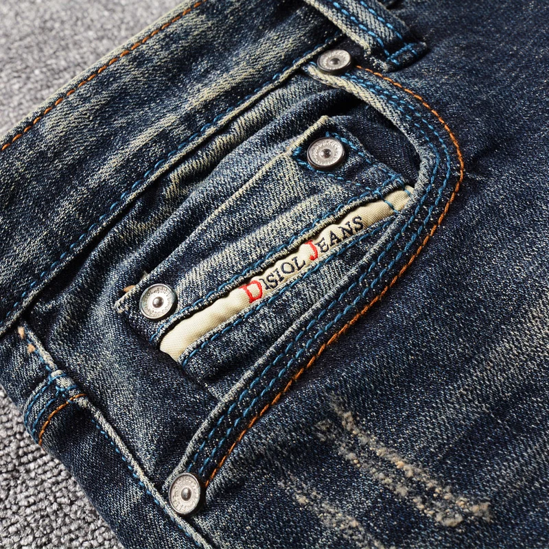 Italian Style Fashion Men Jeans Retro Dark Blue Slim Fit Ripped Jeans For Men Vintage Designer Patches Cotton Denim Long Pants