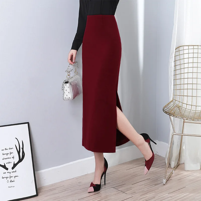 Autumn Winter Skirt 2019 Women High Waist Black Wine Red Split Wool Pencil Plus size S- 5XL | Женская одежда