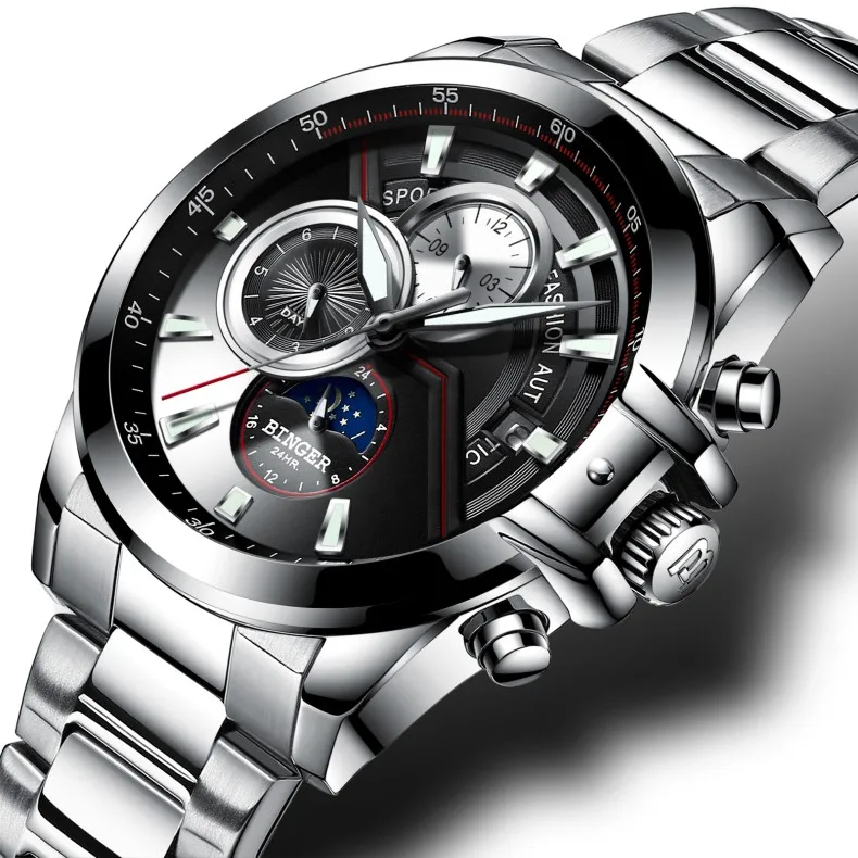 Модные мужские часы Move t BINGER, мужские Роскошные водонепроницаемые часы от ведущего бренда, Мужские автоматические механические наручные часы с календарем
