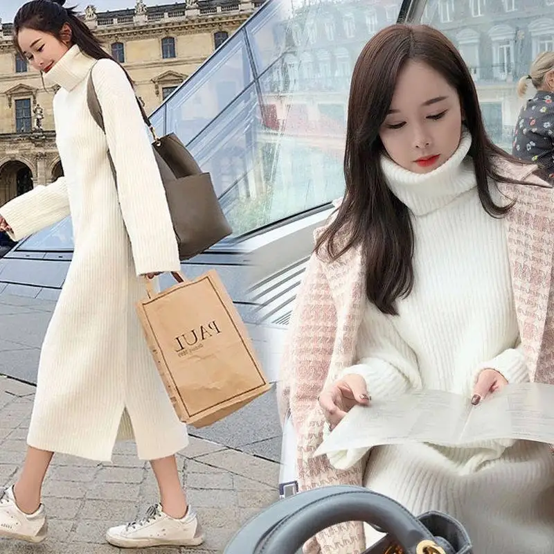 

Warm Autumn and Winter High Collar Women Long Sweater Women's Solid Sweater Skirt Over The Knee Bottom Sweater Dress
